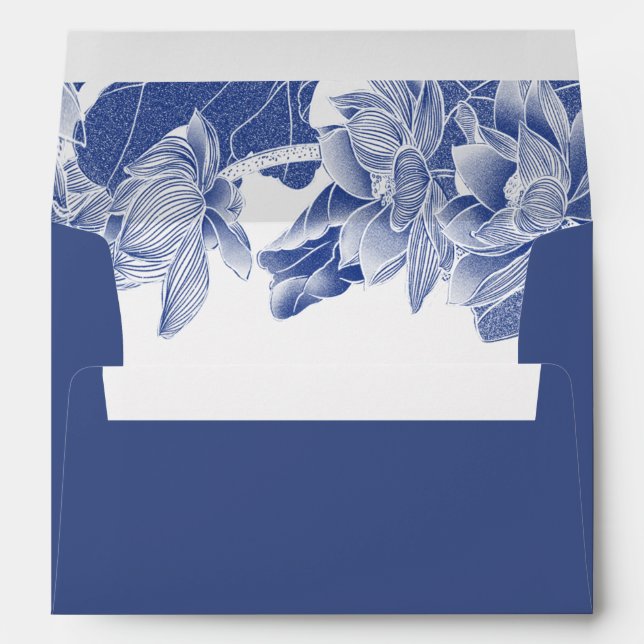 Deep Blue Floral Lotus Chinoiserie Personalized  Envelope (Back (Bottom))