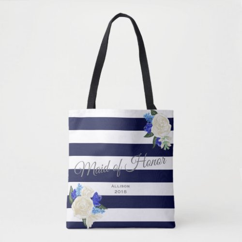 Deep Blue Floral Maid of Honor Tote Bag