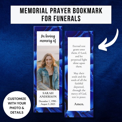 Deep Blue Floral Memorial Prayer Card Bookmark