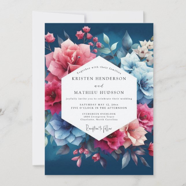Deep Blue Floral Romance Wedding Invitation (Front)
