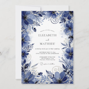 Deep Blue Floral Romance Wedding Invitation