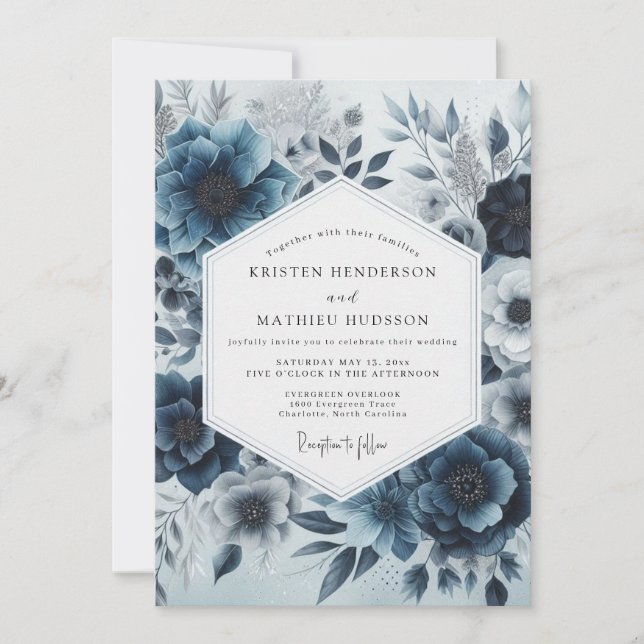 Deep Blue Floral Whimsy Wedding Invitation (Front)