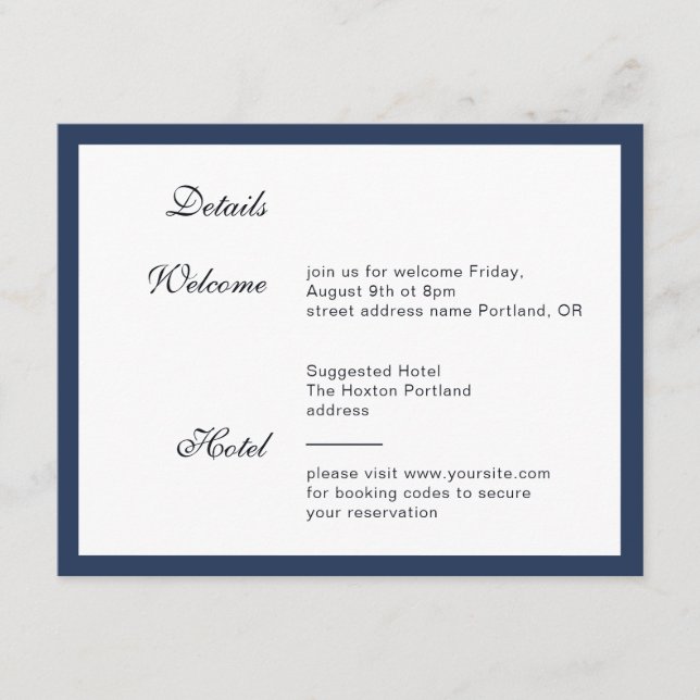 Deep blue Frame. Modern elegant wedding details Enclosure Card (Front)