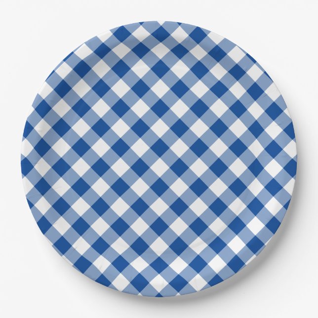 Deep Blue Gingham Country Wedding Paper Plates (Front)