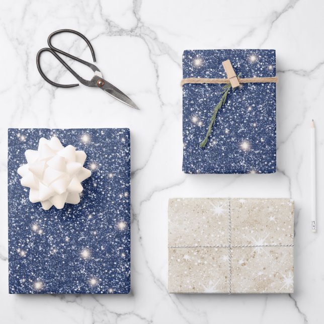 Deep Blue Glitter Cream Sand Birthday Wrapping Paper Sheets (Front)