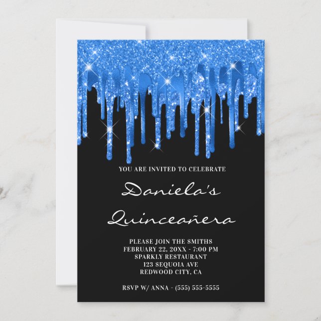 Deep Blue Glitter Foil Drips Black Quinceañera Invitation (Front)