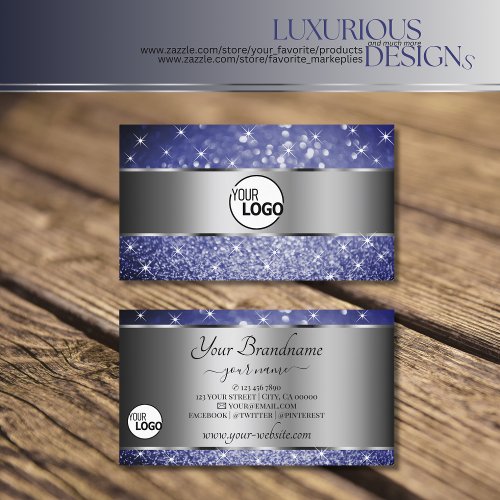 Deep Blue Glitter Luminous Stars and Logo Silver Business Card