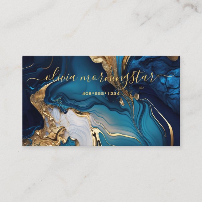 Deep Blue Gold Agate Marble QR Code Business Card (Front)
