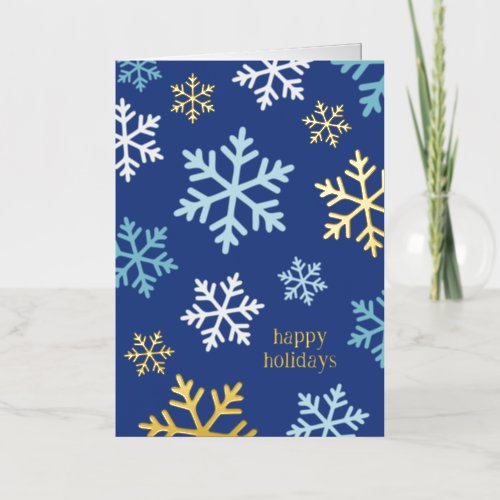 Deep Blue  Gold Foil Snowflakes Happy Holidays Foil Greeting Card