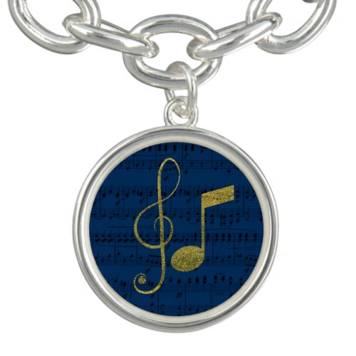 Deep Blue Gold Glitter Music Silver Charm Bracelet