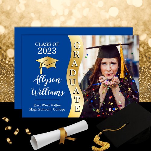 Deep Blue  Gold Graduate Wave Grad Cap Photo Announcement