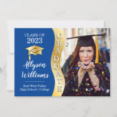 Deep Blue | Gold Graduate Wave Grad Cap Photo Announcement (Front)