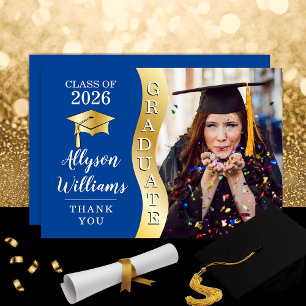 Deep Blue Gold Graduate Wave Grad Cap Photo Thank You Card