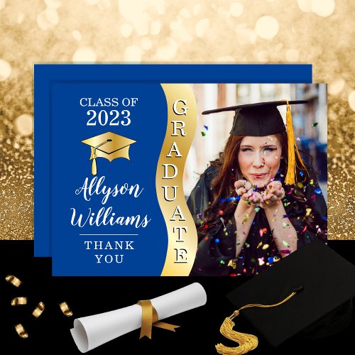 Deep Blue  Gold Graduate Wave Grad Cap Photo Thank You Card