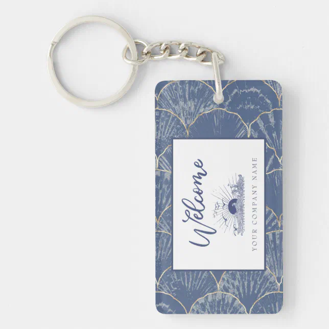 Deep Blue & Gold Watercolor Seashell Custom Keychain | Zazzle