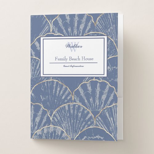 Deep Blue  Gold Watercolor Seashell Custom Pocket Folder