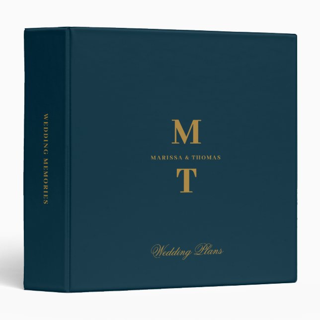 Deep Blue & Gold Wedding Plans Monogram Planners 3 Ring Binder (Front/Spine)