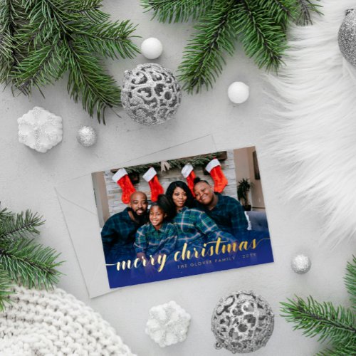 Deep Blue Golden Calligraphy Merry Christmas Photo Foil Holiday Postcard