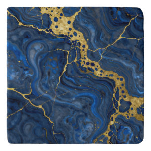 Deep Blue Golden Veins Abstract Trivet
