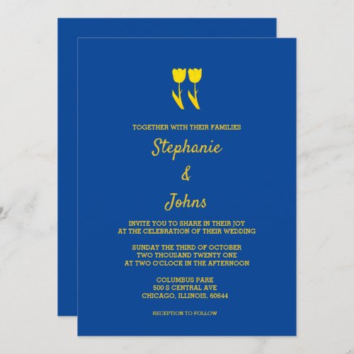 Deep Blue Golden Yellow Tulips Floral Wedding Invitation