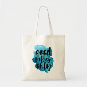 deep blue good vibes only brush script tote bag