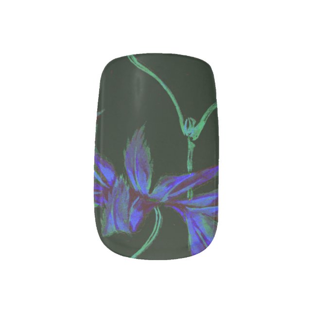 Deep Blue & Green Japanese Floral Nail Art (Left Thumb)