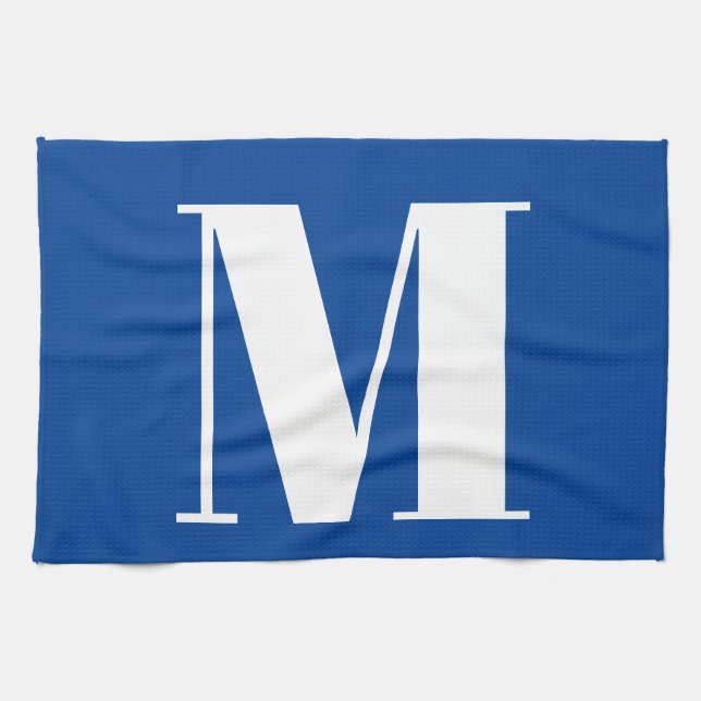 Deep Blue Initial Letter Monogram Modern Stylish Kitchen Towel (Horizontal)