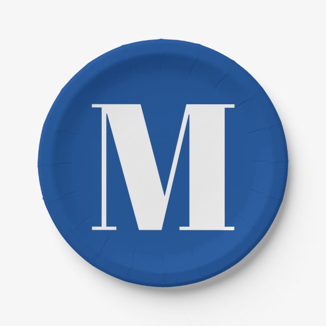Deep Blue Initial Letter Monogram Modern Stylish Paper Plates (Front)