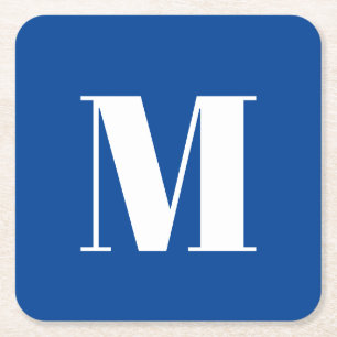 Deep Blue Initial Letter Monogram Modern Stylish Square Paper Coaster