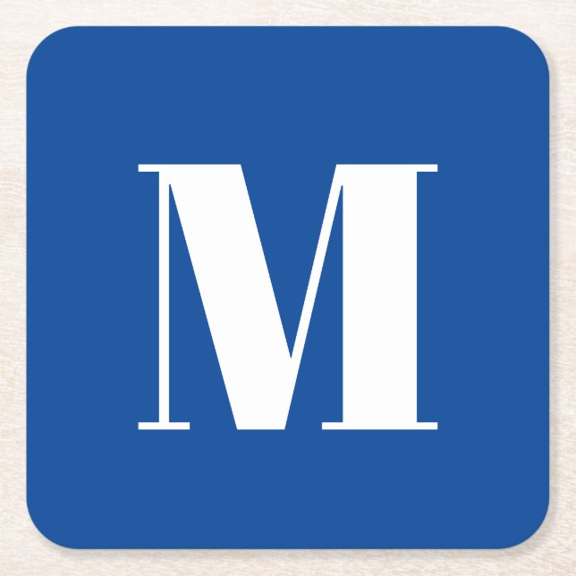 Deep Blue Initial Letter Monogram Modern Stylish Square Paper Coaster (Front)