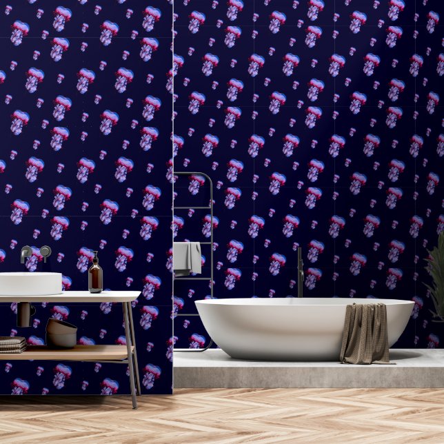 Deep Blue Jellyfish Peel And Stick Wallpaper (Bathroom)