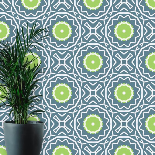 Deep Blue Lime Green White Lattice Moroccan Style Wallpaper