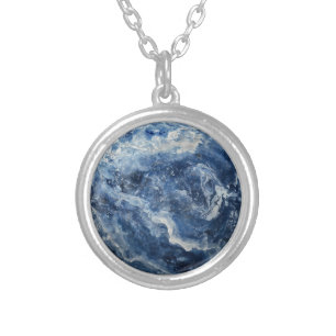 Deep Blue Marble Pattern Silver Plated Necklace