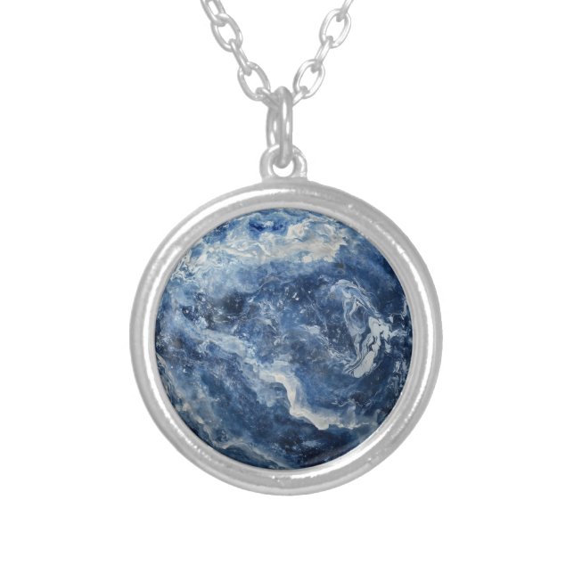 Deep Blue Marble Pattern Silver Plated Necklace (Front)