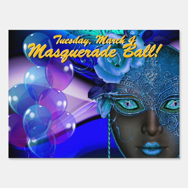 Deep Blue Masquerade Ball! Party Sign (Front)