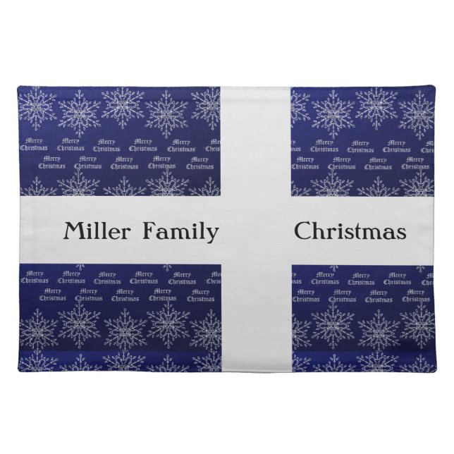 Deep Blue Merry Christmas with Delicate Snowflakes Cloth Placemat (Front)