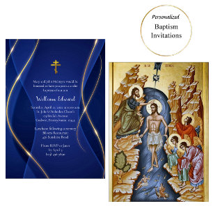 Deep Blue Metallic Gold Orthodox Christian Baptism Invitation