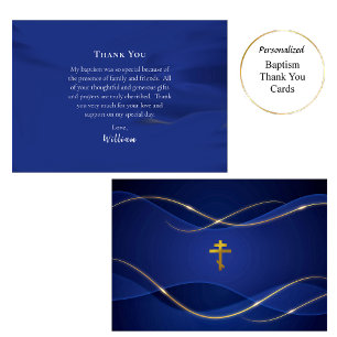 Deep Blue Metallic Gold Orthodox Christian Baptism Thank You Card