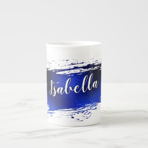 Deep Blue Metallic Paint Stroke Add Name Bone China Mug