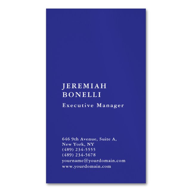 Deep blue minimalist modern plain business card magnet (Front Vertical)