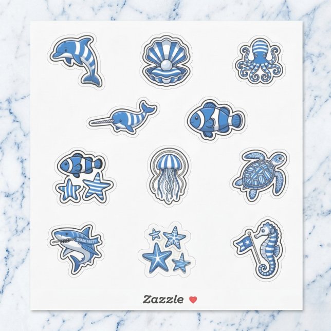 Deep Blue Nautical Striped Sea Life Sticker Sheet (Make a splash with every sticker.)