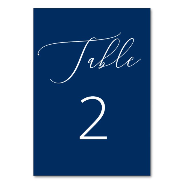 Deep Blue Navy Coastal Minimalist Script Wedding Table Number (Front)
