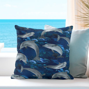 Deep Blue Ocean Dolphins Underwater Throw Pillow