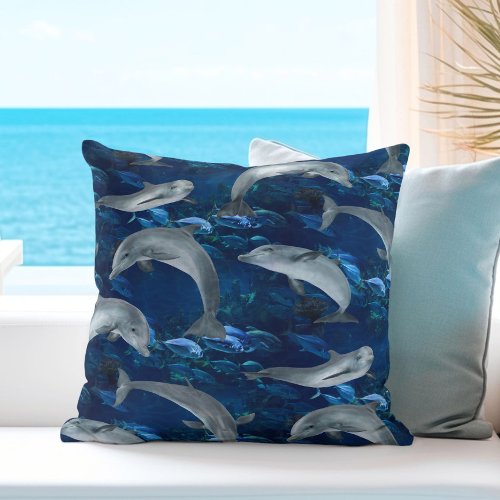Deep Blue Ocean Dolphins Underwater Throw Pillow