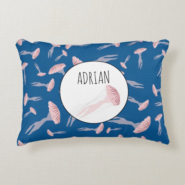 Deep Blue Ocean Jellyfish Pattern Custom Name Accent Pillow (Front)