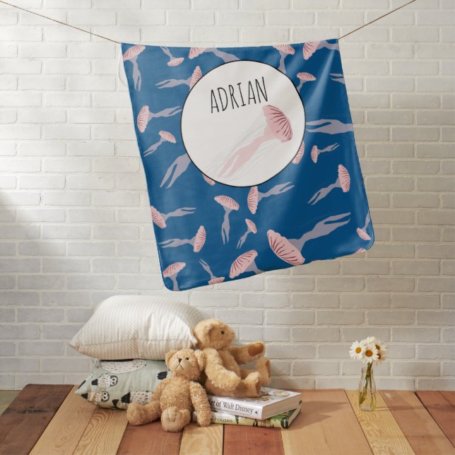 Deep Blue Ocean Jellyfish Pattern Custom Name Baby Blanket (In Situ)