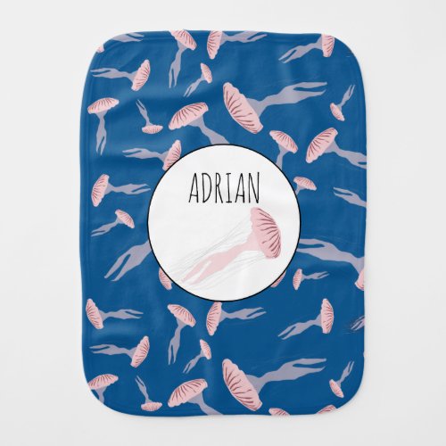 Deep Blue Ocean Jellyfish Pattern Custom Name Baby Burp Cloth