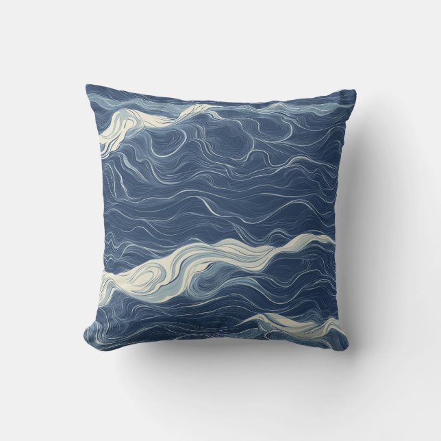 Deep Blue Ocean Line Art Throw Pillow (Front)