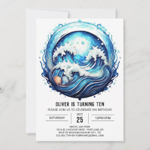 Deep Blue Ocean Waves Birthday Invitation