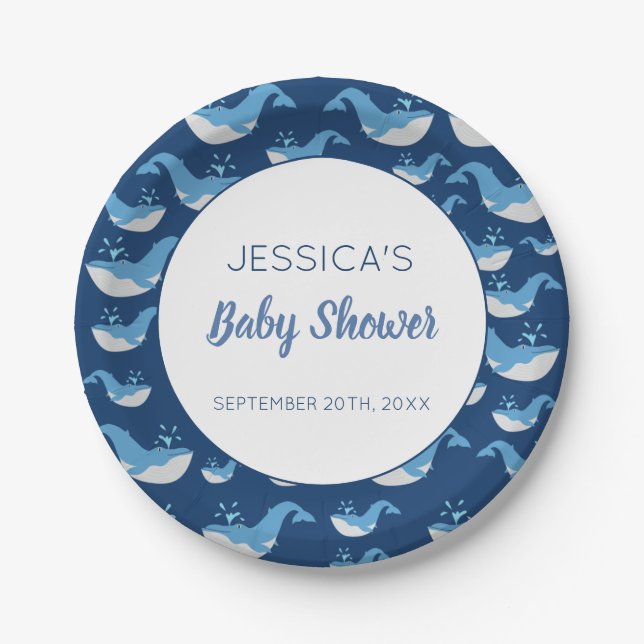 Deep Blue Ocean Whale Baby Boy Baby Shower Paper Plates (Front)
